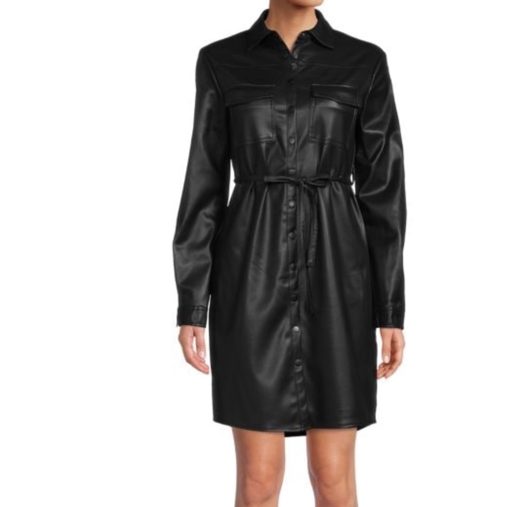 BRAND NEW!! Womens Black leather button down dress